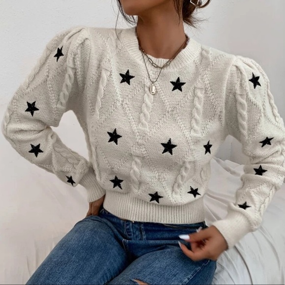 Star sweater cable knit womens cream white top long sleeve - Picture 2 of 4